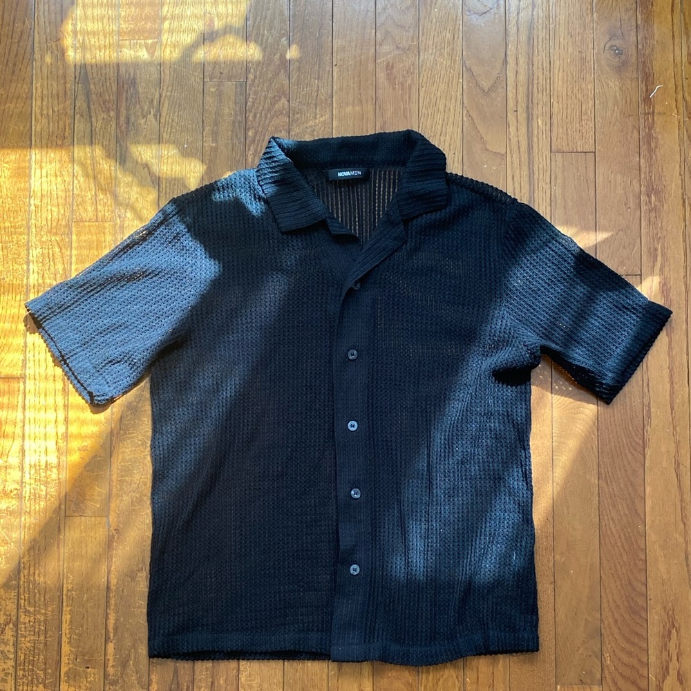 Black Knit Short Sleeve Button Up